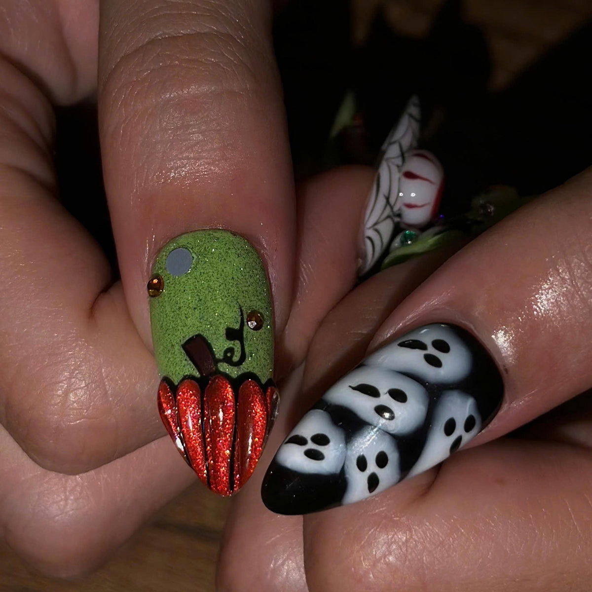 Halloween Press On Nails | 3D Eyeball & Ghost Nail Art | Neon Green Spooky Nails | Pumpkin Spider Web Maximalist Press Ons | JB686UC