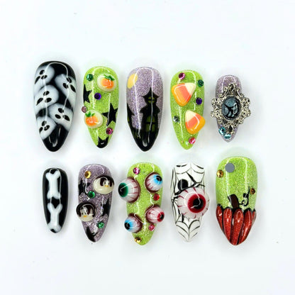 Halloween Press On Nails | 3D Eyeball & Ghost Nail Art | Neon Green Spooky Nails | Pumpkin Spider Web Maximalist Press Ons | JB686UC