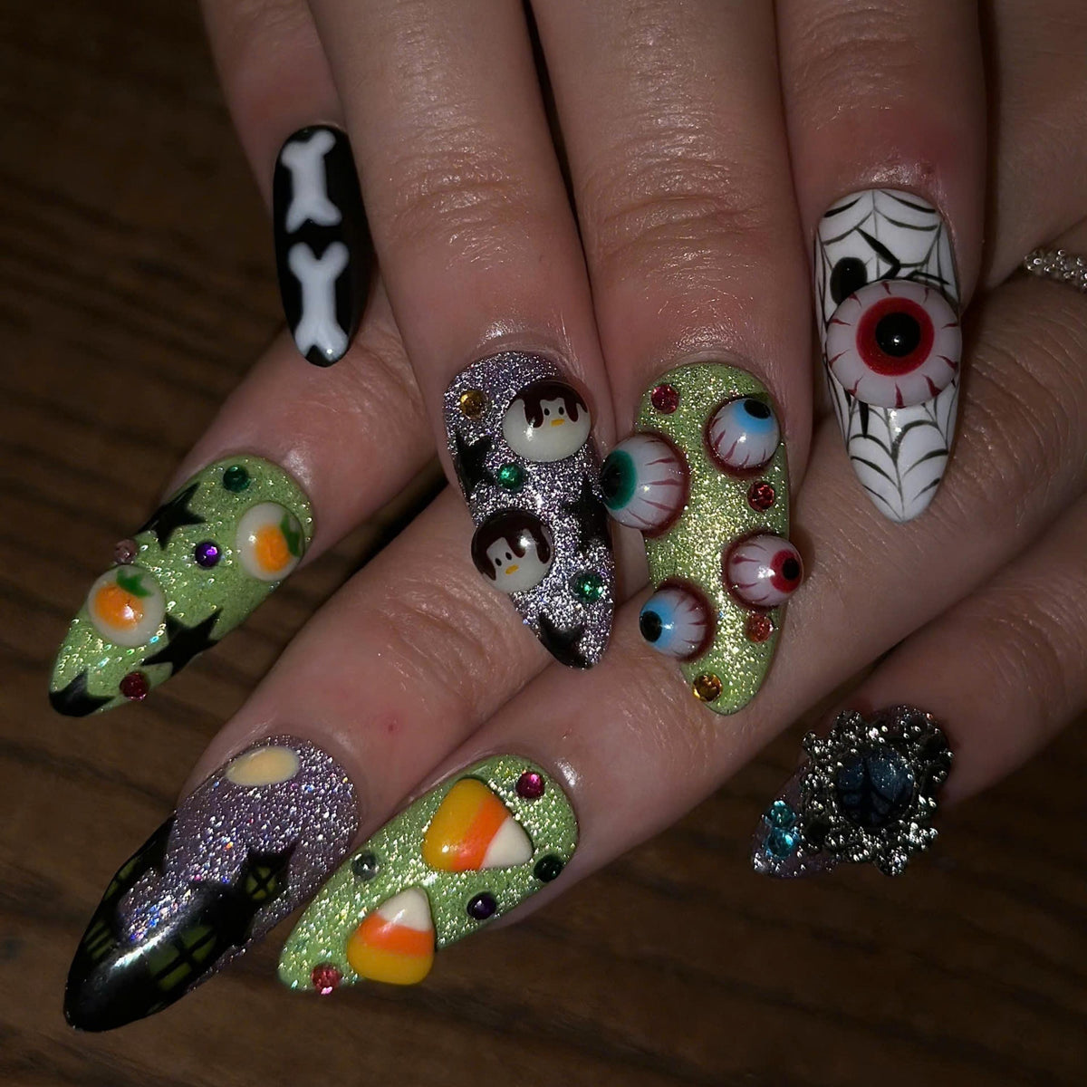 Halloween Press On Nails | 3D Eyeball & Ghost Nail Art | Neon Green Spooky Nails | Pumpkin Spider Web Maximalist Press Ons | JB686UC
