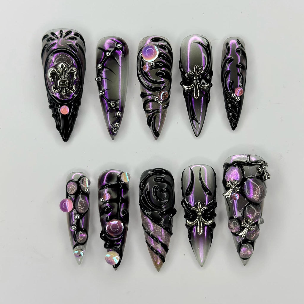 Pink Gothic Press On Nails, Ghost Spider Web Nails, Black Heart 3D Floral Nails, Gold Charm Halloween Nails, Witchy Fake Nails | JB457XC
