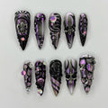 Pink Gothic Press On Nails, Ghost Spider Web Nails, Black Heart 3D Floral Nails, Gold Charm Halloween Nails, Witchy Fake Nails | JB457XC