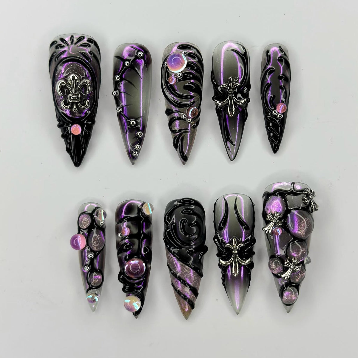 Pink Gothic Press On Nails, Ghost Spider Web Nails, Black Heart 3D Floral Nails, Gold Charm Halloween Nails, Witchy Fake Nails | JB457XC