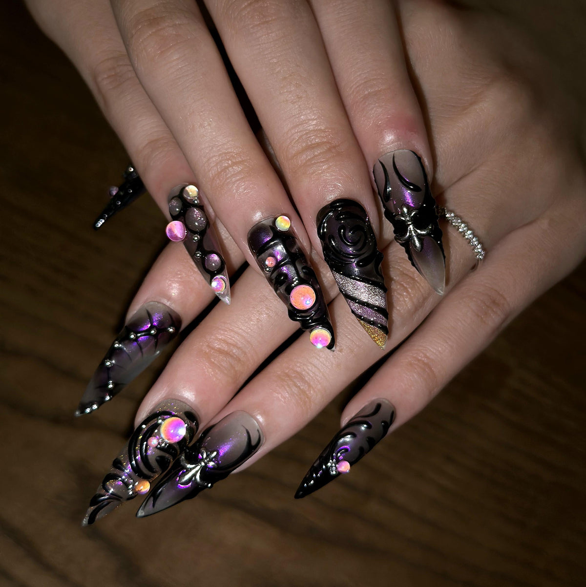 Pink Gothic Press On Nails, Ghost Spider Web Nails, Black Heart 3D Floral Nails, Gold Charm Halloween Nails, Witchy Fake Nails | JB457XC