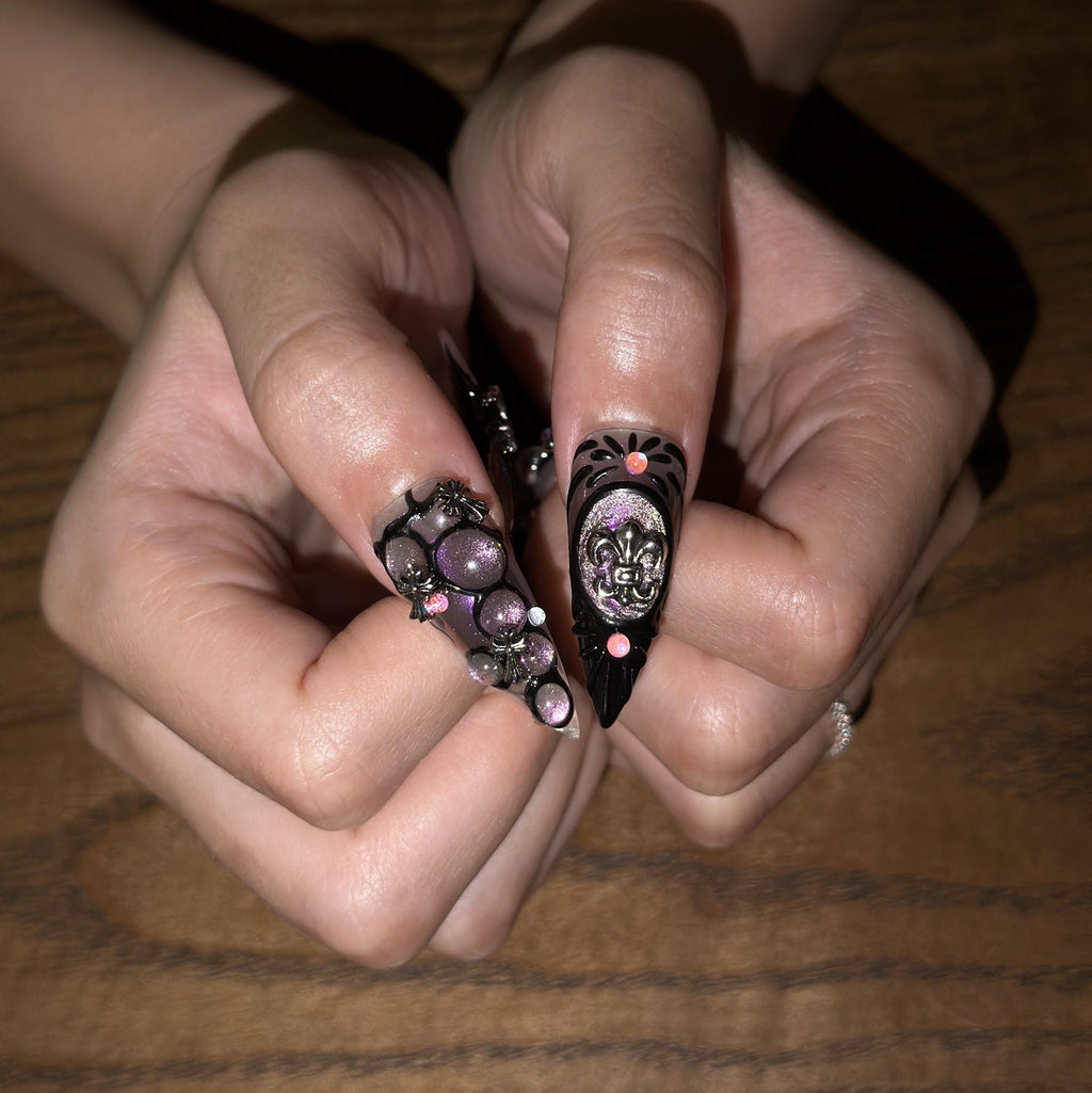 Pink Gothic Press On Nails, Ghost Spider Web Nails, Black Heart 3D Floral Nails, Gold Charm Halloween Nails, Witchy Fake Nails | JB457XC
