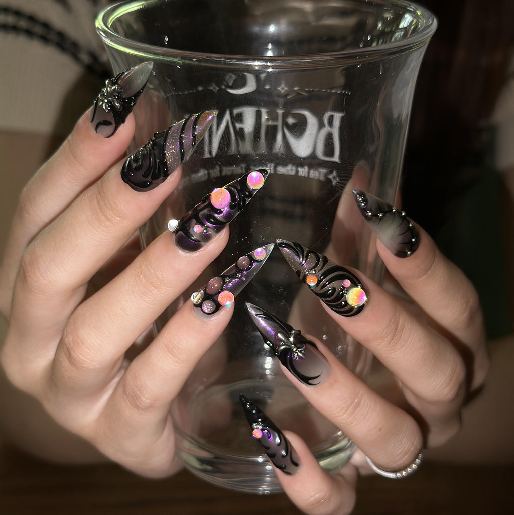 Pink Gothic Press On Nails, Ghost Spider Web Nails, Black Heart 3D Floral Nails, Gold Charm Halloween Nails, Witchy Fake Nails | JB457XC