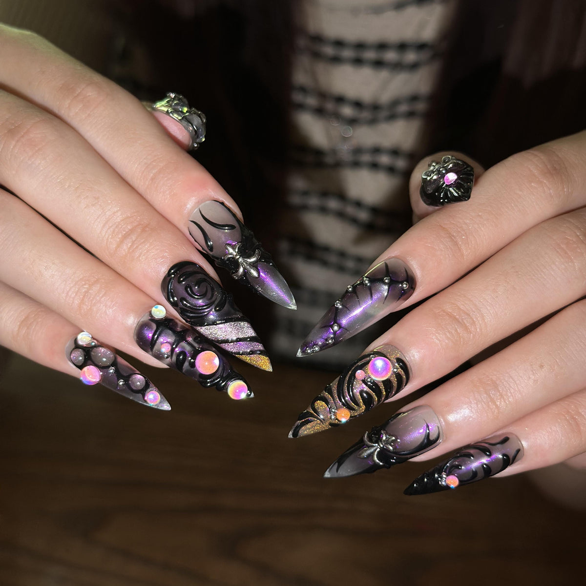 Pink Gothic Press On Nails, Ghost Spider Web Nails, Black Heart 3D Floral Nails, Gold Charm Halloween Nails, Witchy Fake Nails | JB457XC