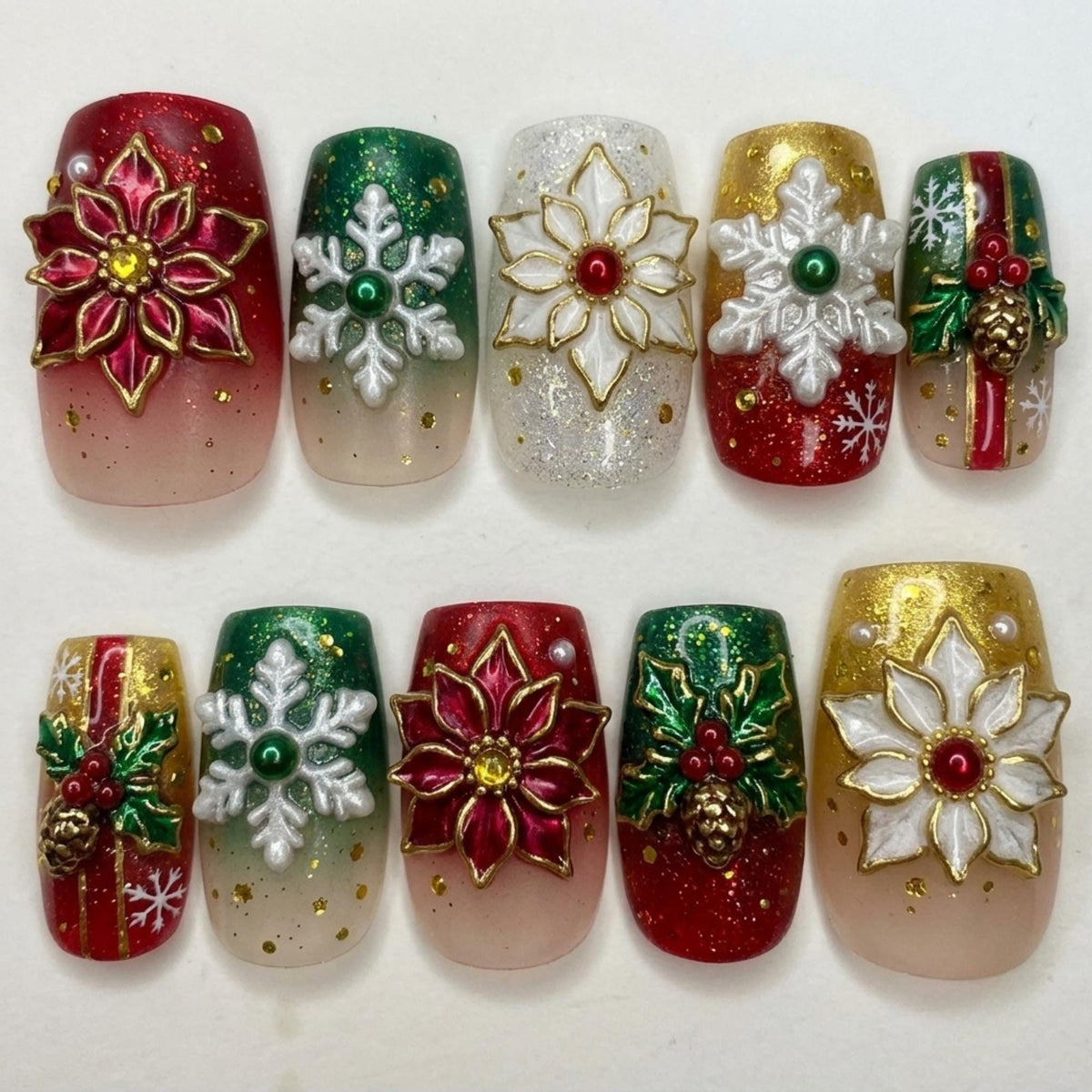 Handmade 3D Christmas Press On Nails / Poinsettia Snowflake Holly Pinecone Red Green Gold Art / Festive Square Reusable Fake Nails
