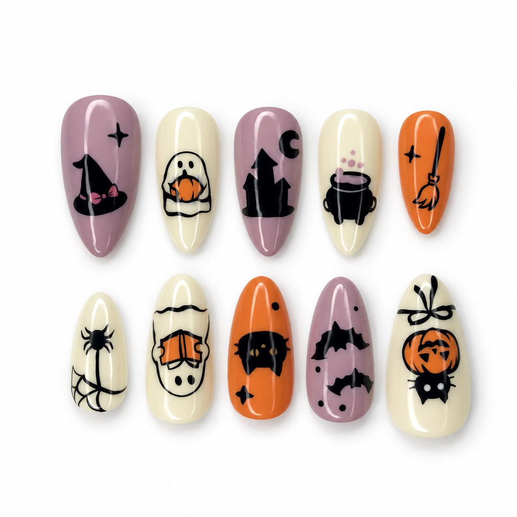 Cute Halloween Press On Nails | Goose Ghost Nail Art | Pumpkin Witch Nails | Colorful Spooky Nails | Handmade Fall Nail Set | JA684U