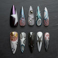 Chrome Press On Nails, Silver Blue Abstract Swirl Nails with 3D Metal Charms