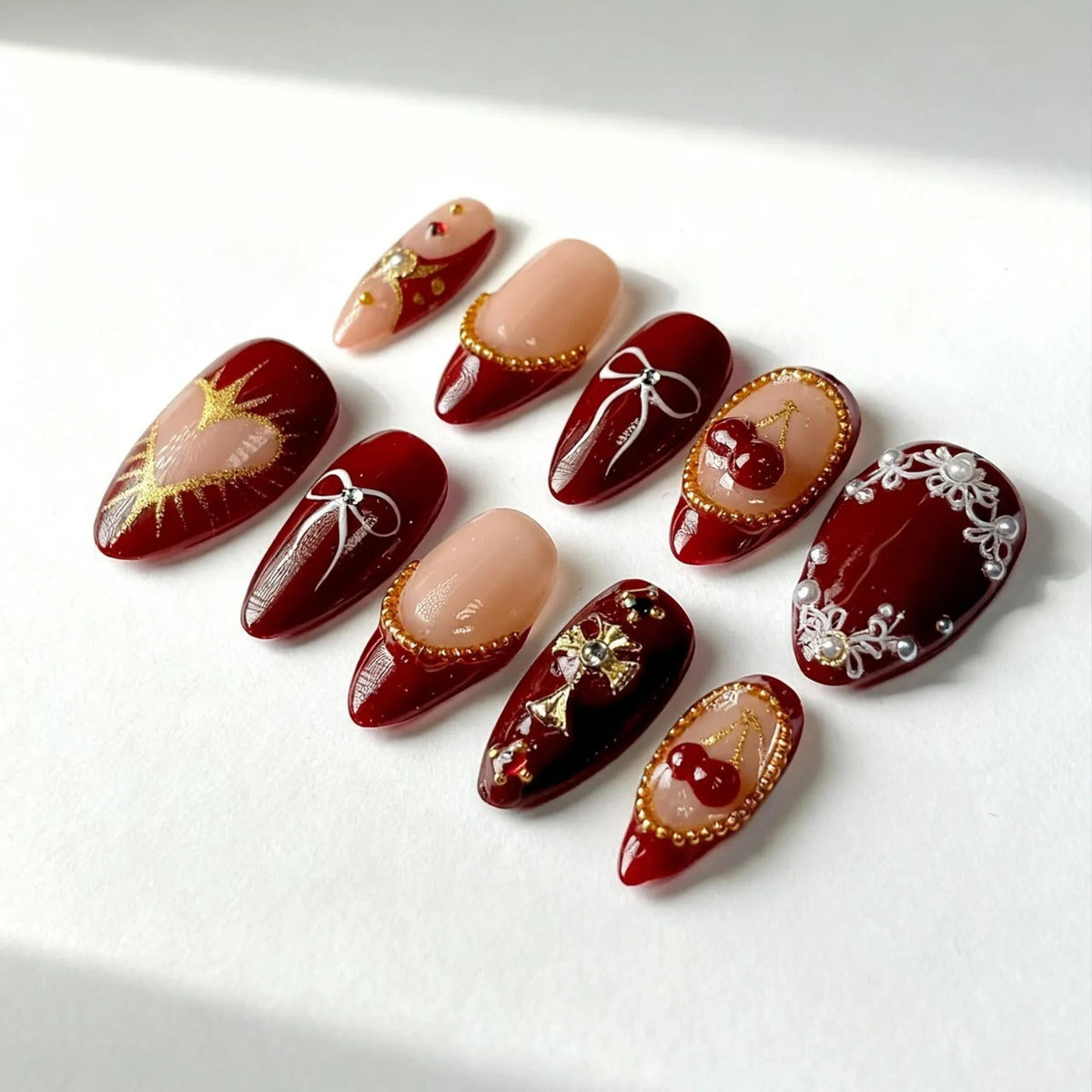 Cherry Red Press On Nails, Gold Heart Bow & Pearl Romantic Nail Art