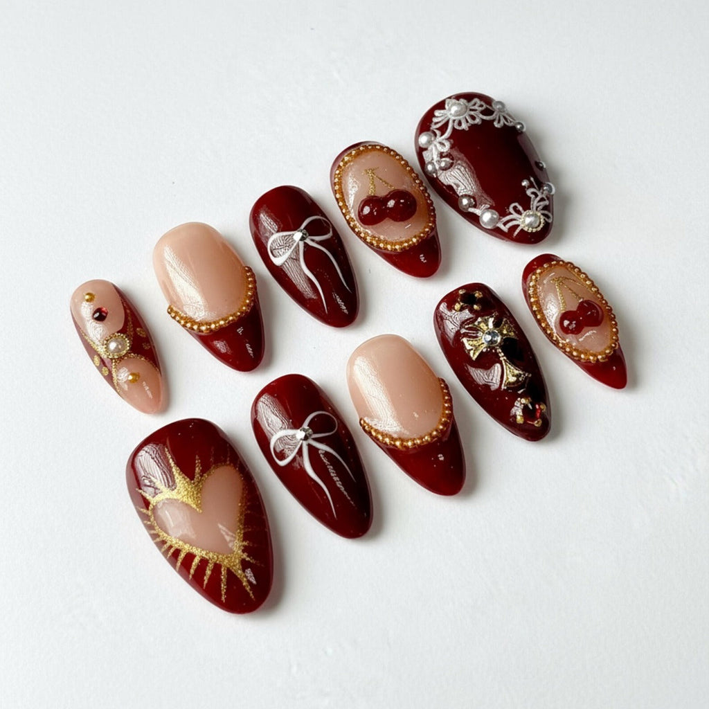 Cherry Red Press On Nails, Gold Heart Bow & Pearl Romantic Nail Art