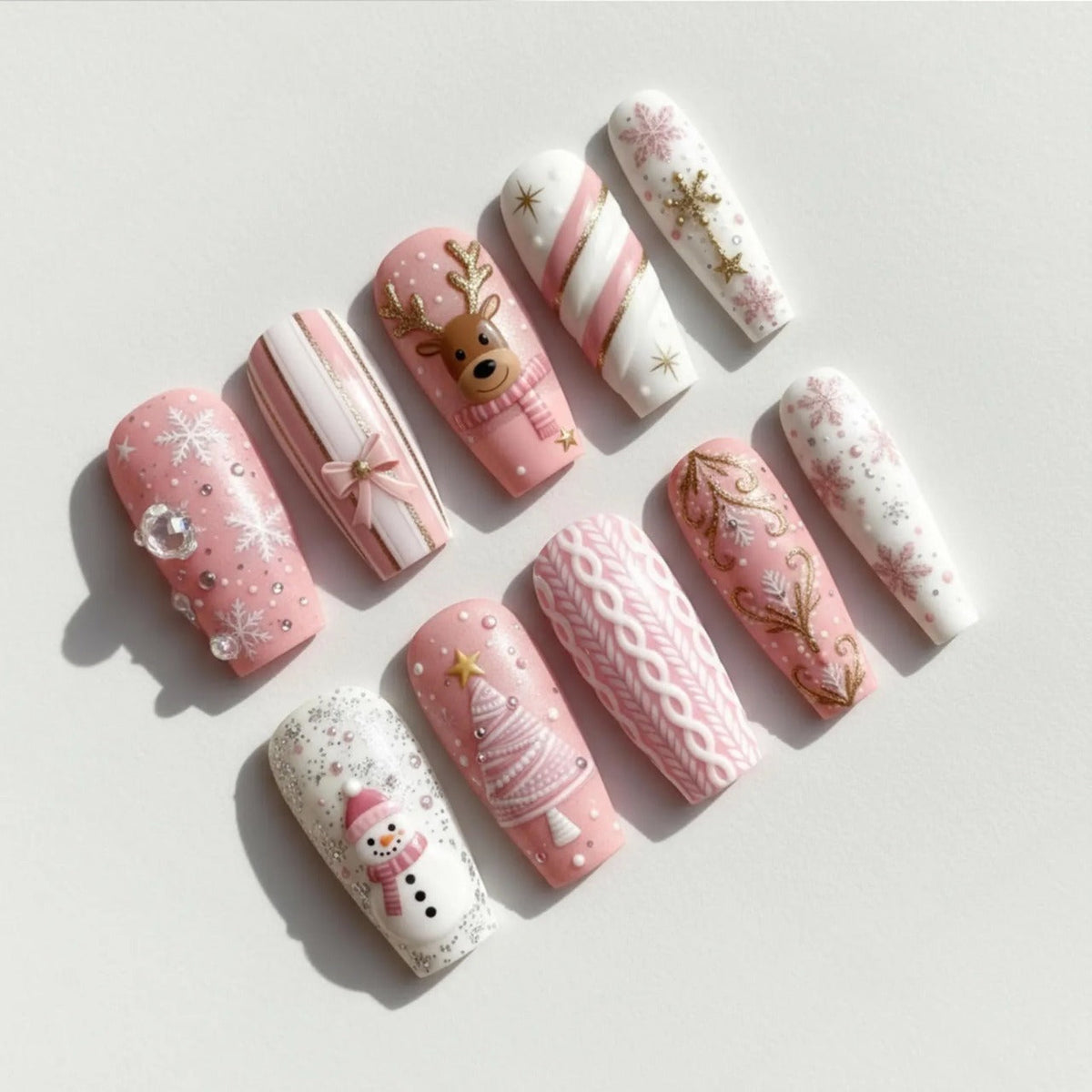Pink Christmas Press On Nails, Snowman Reindeer Snowflake & Sweater Nail Art