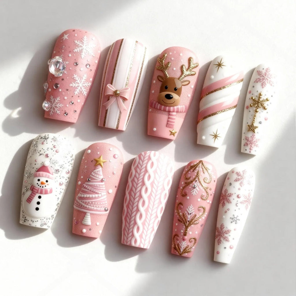 Pink Christmas Press On Nails, Snowman Reindeer Snowflake & Sweater Nail Art