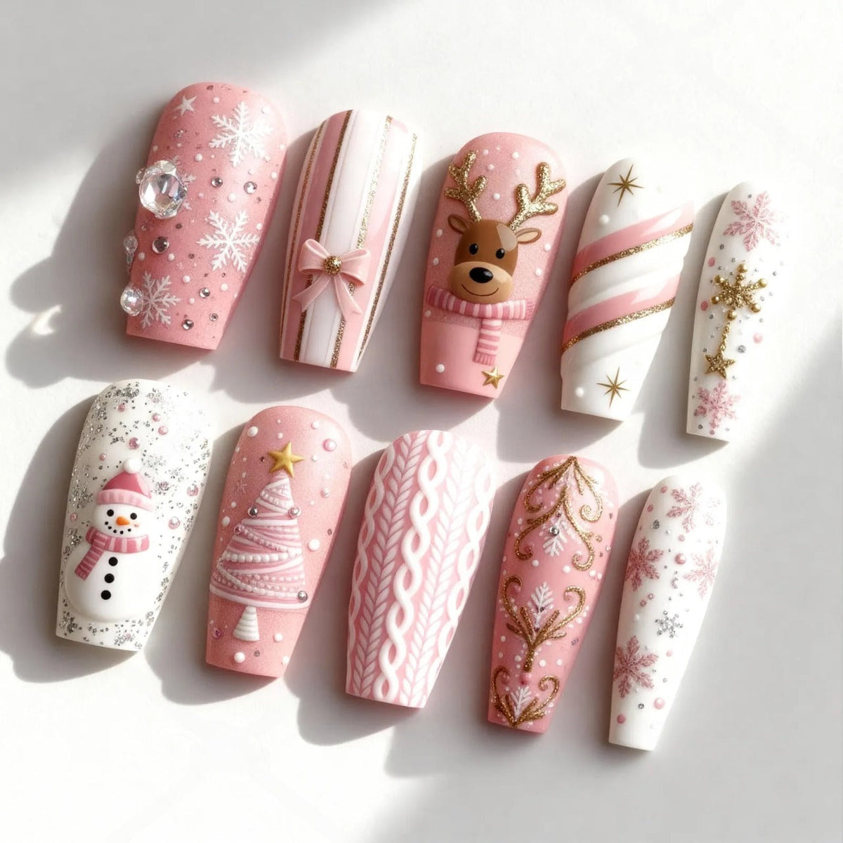 Pink Christmas Press On Nails, Snowman Reindeer Snowflake & Sweater Nail Art