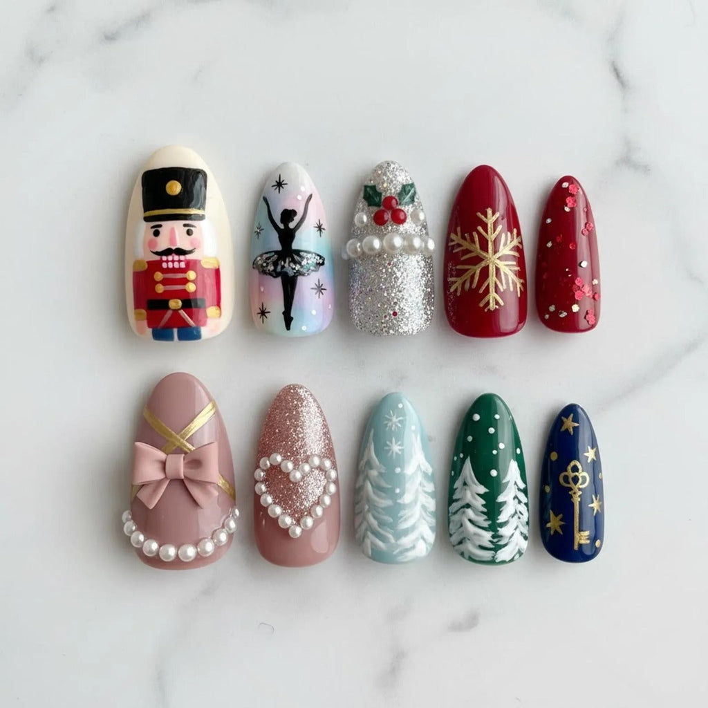 Nutcracker Christmas Press On Nails, Ballet Snowflake Winter Almond Nail Art