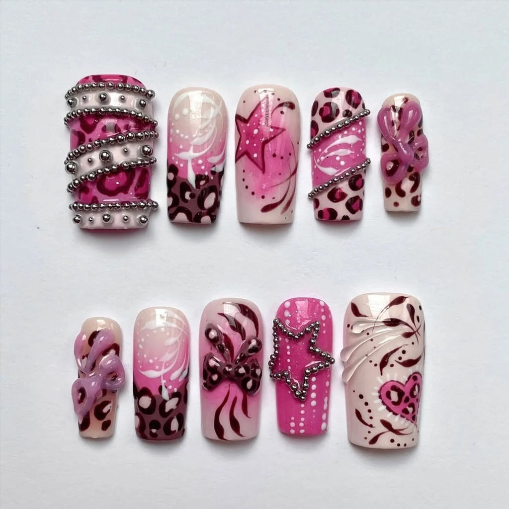 Y2K Pink Press On Nails, Leopard Print 3D Bow Star & Silver Bead Nail Art
