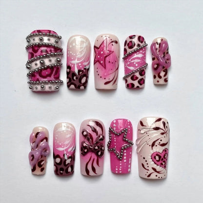 Y2K Pink Press On Nails, Leopard Print 3D Bow Star & Silver Bead Nail Art