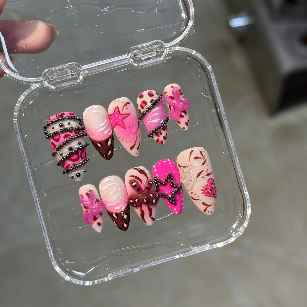 Y2K Pink Press On Nails, Leopard Print 3D Bow Star & Silver Bead Nail Art