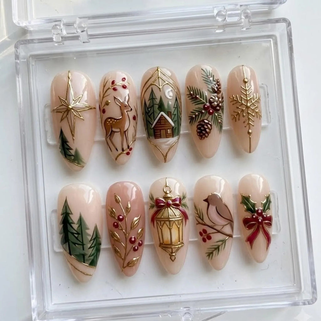 Christmas Press On Nails, Woodland Deer Pine Tree Snowflake & Red Bow Nail Art
