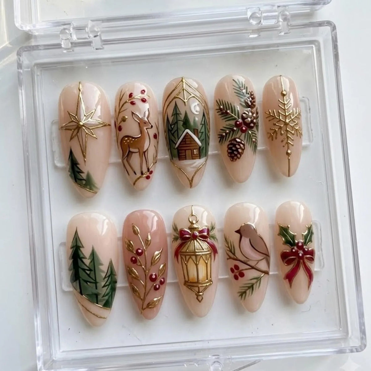 Christmas Press On Nails, Woodland Deer Pine Tree Snowflake & Red Bow Nail Art