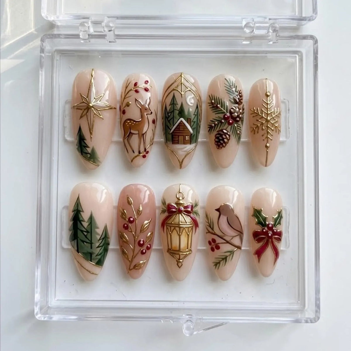 Christmas Press On Nails, Woodland Deer Pine Tree Snowflake & Red Bow Nail Art
