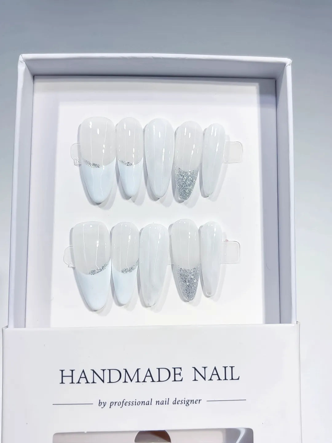 Long White Silver Almond French tip