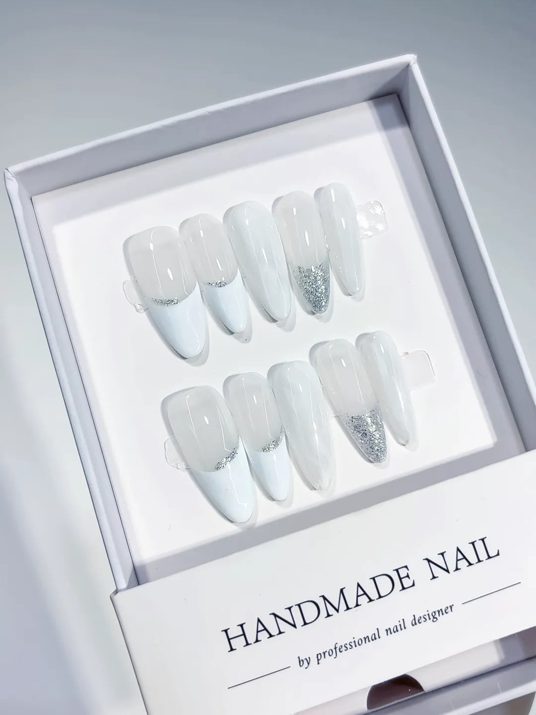 Long White Silver Almond French tip