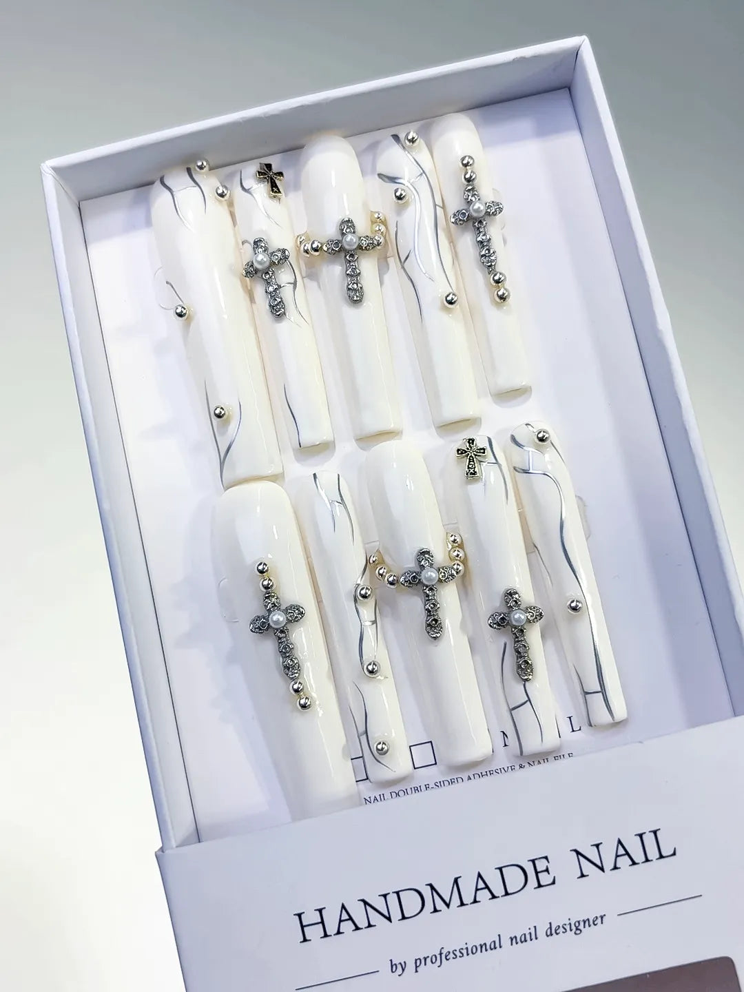 Long White Square Abstract Rhinestone Swirl