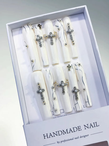 Long White Square Abstract Rhinestone Swirl