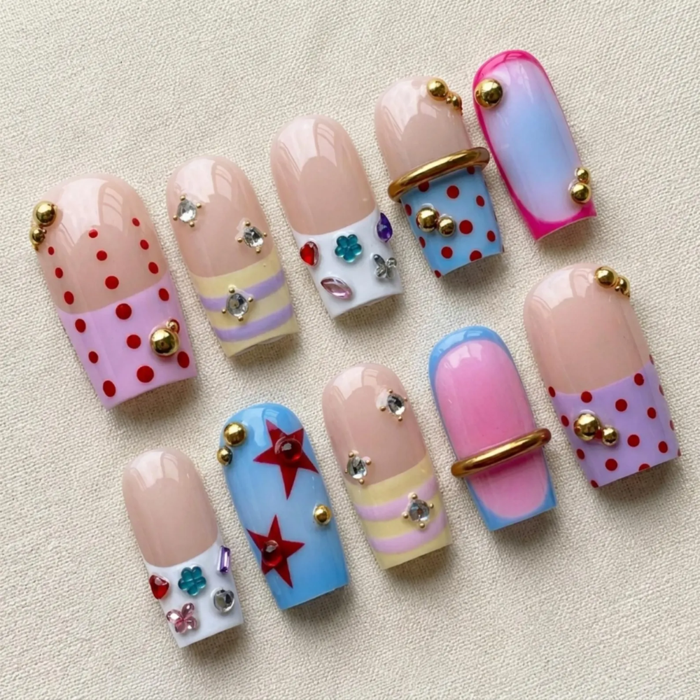 Y2K Press On Nails, Pastel Polka Dot Star Rhinestone & Gold 3D Nail Art