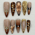 Gothic Brown Press On Nails, Tortoiseshell Gold Cross Luxury Nail Set