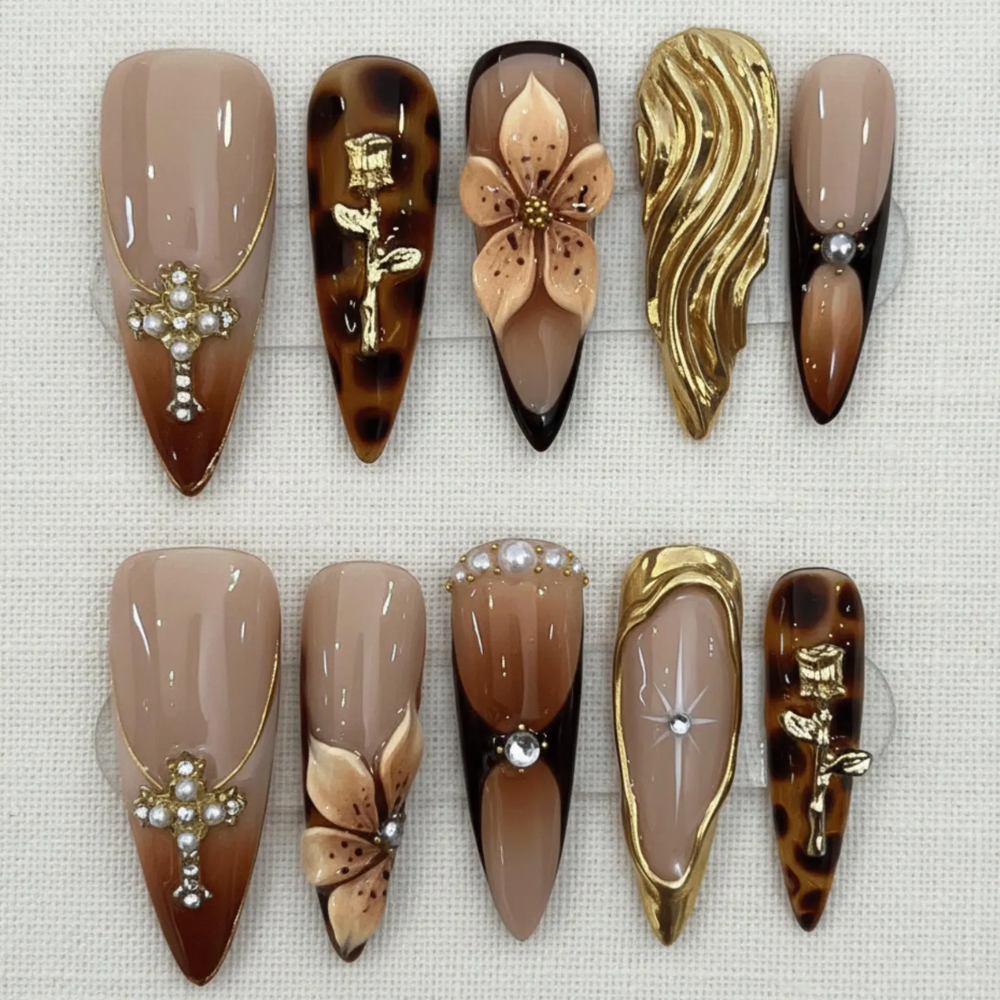 Gothic Brown Press On Nails, Tortoiseshell Gold Cross Luxury Nail Set