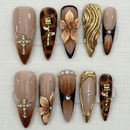 Gothic Brown Press On Nails, Tortoiseshell Gold Cross Luxury Nail Set