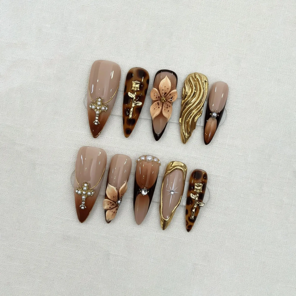 Gothic Brown Press On Nails, Tortoiseshell Gold Cross Luxury Nail Set