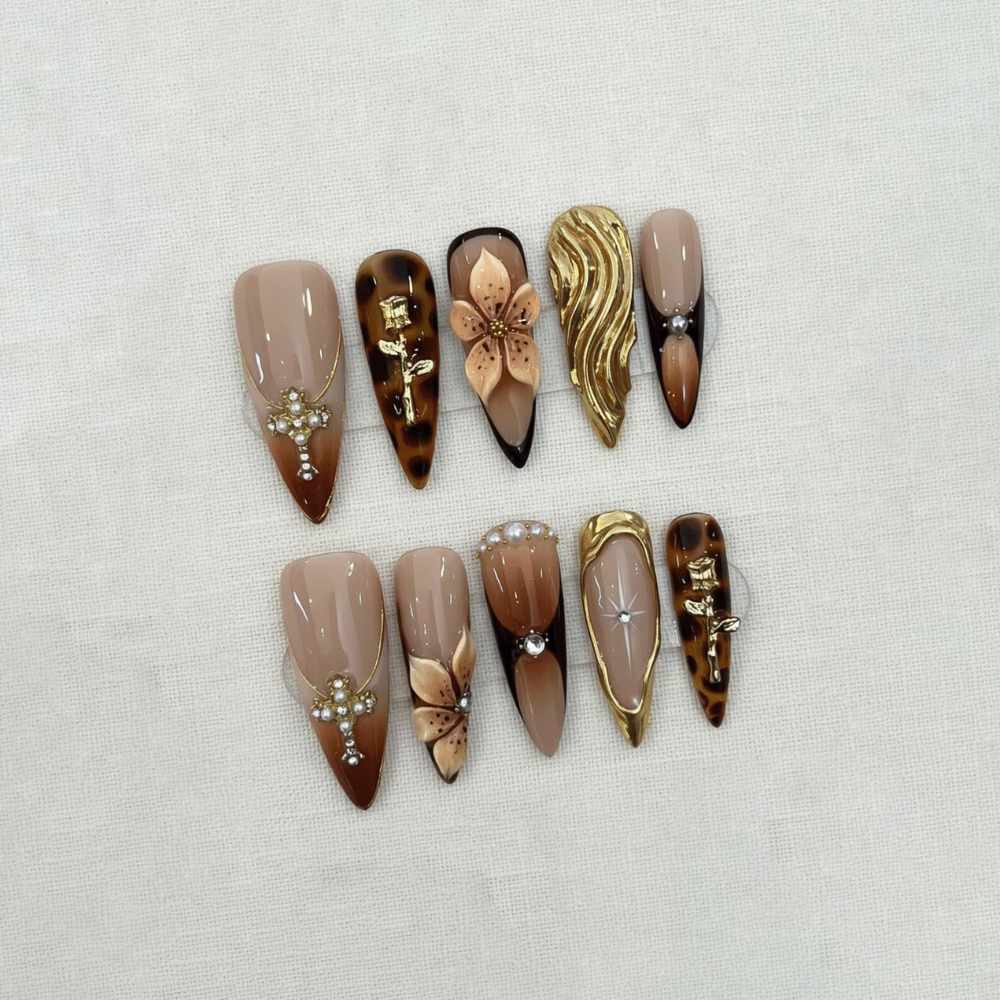 Gothic Brown Press On Nails, Tortoiseshell Gold Cross Luxury Nail Set