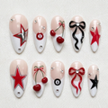 Y2K Press On Nails, Red Star Cherry 3D Bow & Rhinestone Nail Art