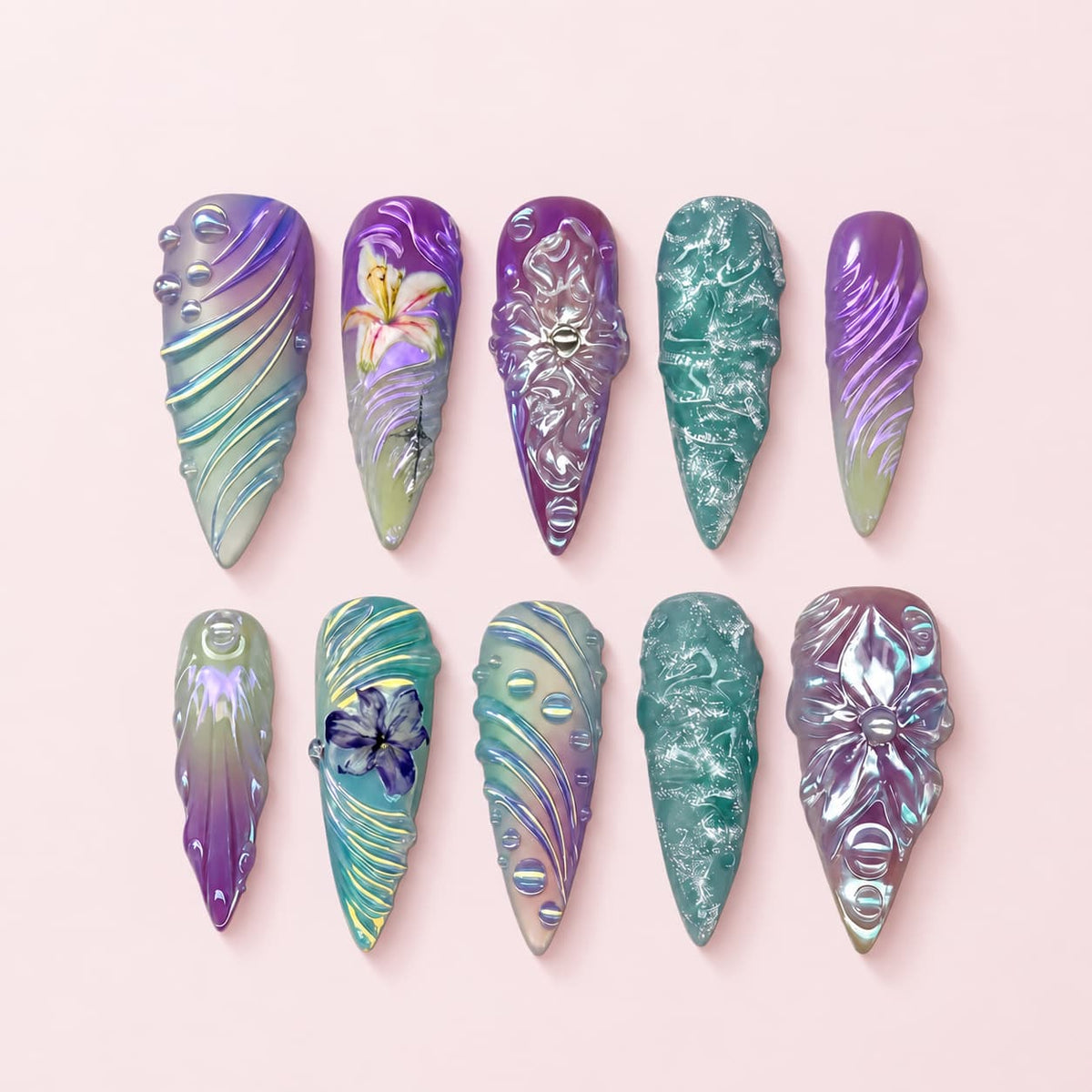 Iris Bloom Stiletto Press-On Nails - Hand-Painted 3D Set