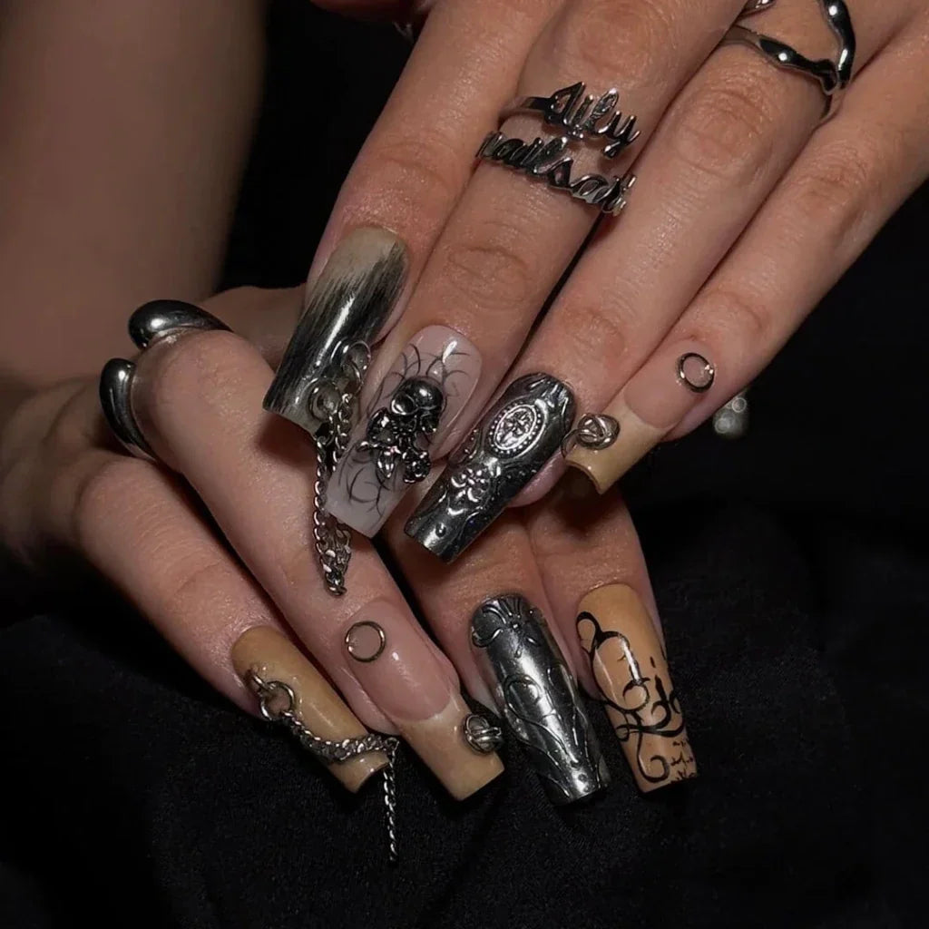 Ironfang Gothic Chrome Cross Silver Press On Nails