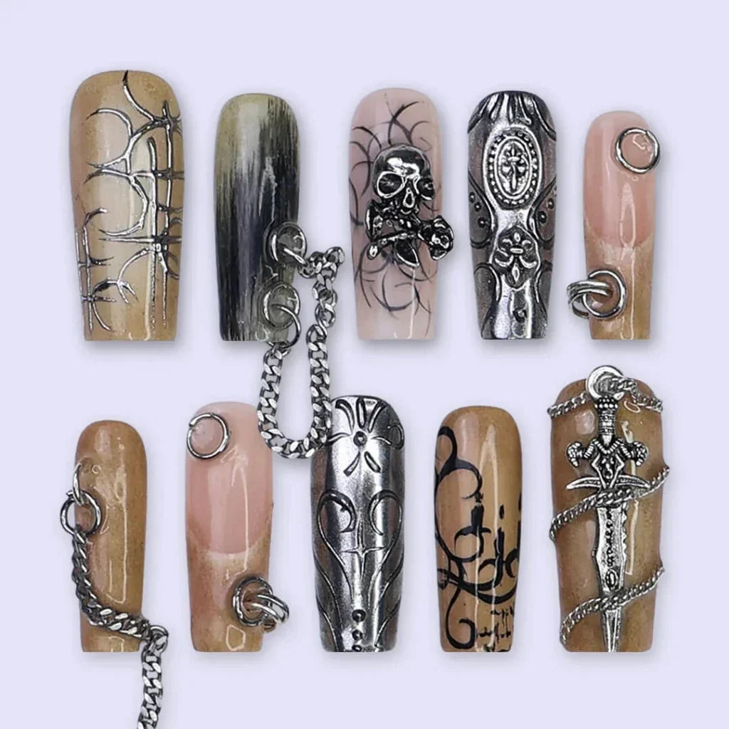 Ironfang Gothic Chrome Cross Silver Press On Nails
