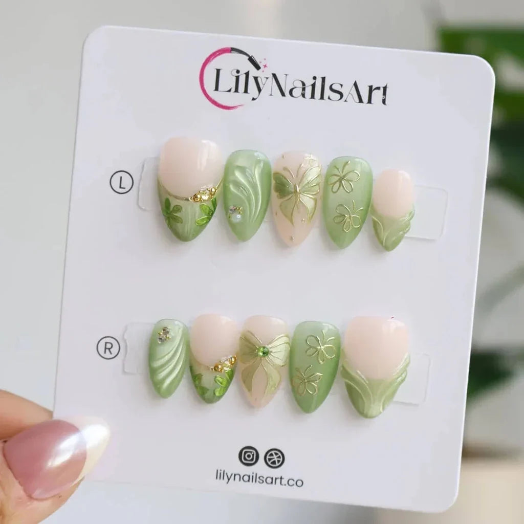 Ivy Serenade Butterfly Chrome Bow Nude Green Press On Nails