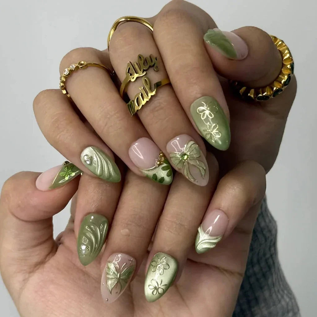 Ivy Serenade Butterfly Chrome Bow Nude Green Press On Nails