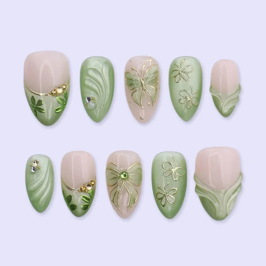 Ivy Serenade Butterfly Chrome Bow Nude Green Press On Nails