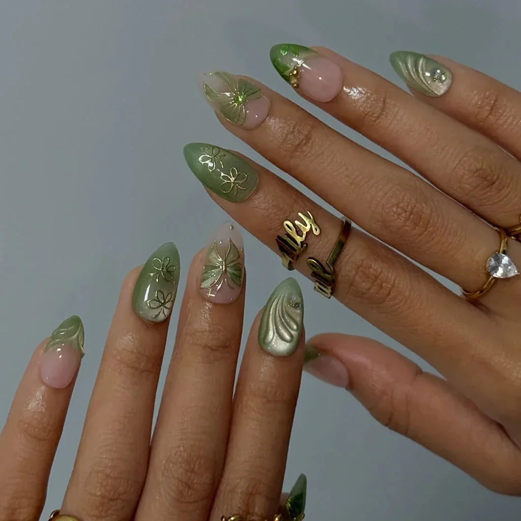 Ivy Serenade Butterfly Chrome Bow Nude Green Press On Nails