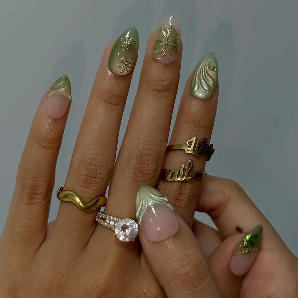Ivy Serenade Butterfly Chrome Bow Nude Green Press On Nails
