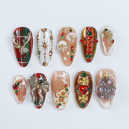 Jolly Spirit Metallic Bow Plaid Red Green Press On Nails