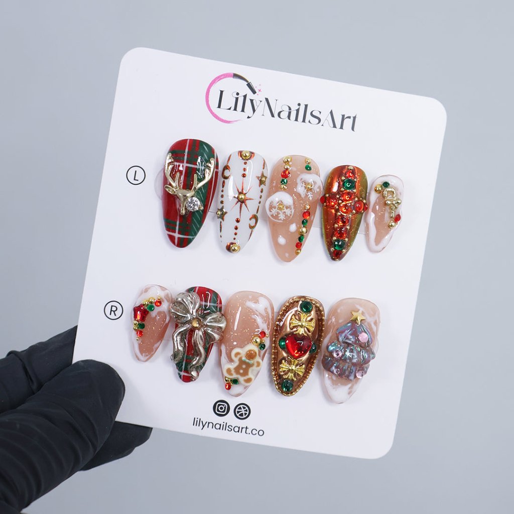 Jolly Spirit Metallic Bow Plaid Red Green Press On Nails