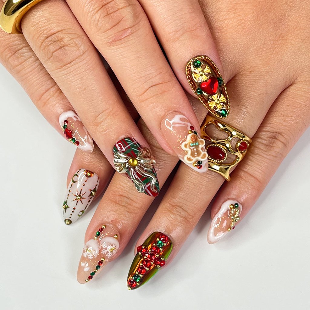 Jolly Spirit Metallic Bow Plaid Red Green Press On Nails