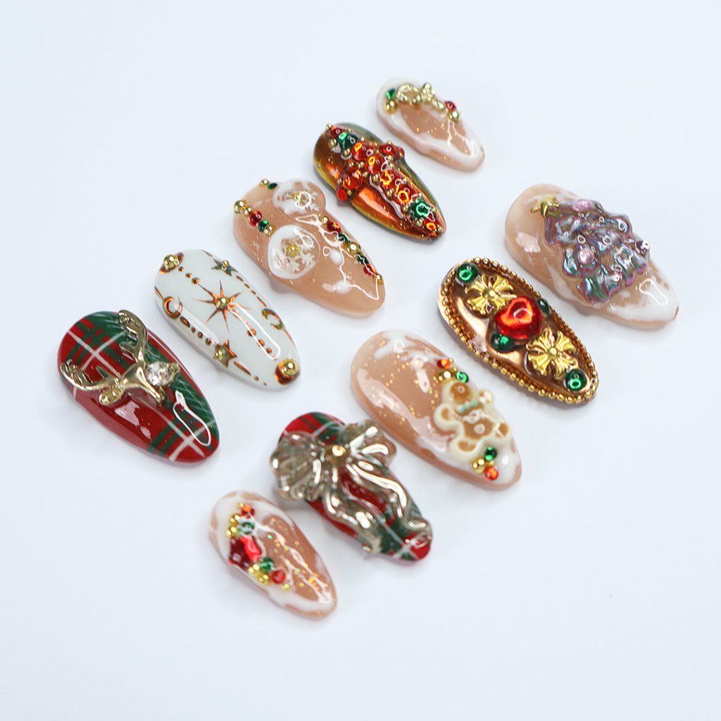 Jolly Spirit Metallic Bow Plaid Red Green Press On Nails