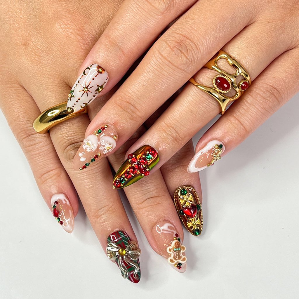 Jolly Spirit Metallic Bow Plaid Red Green Press On Nails
