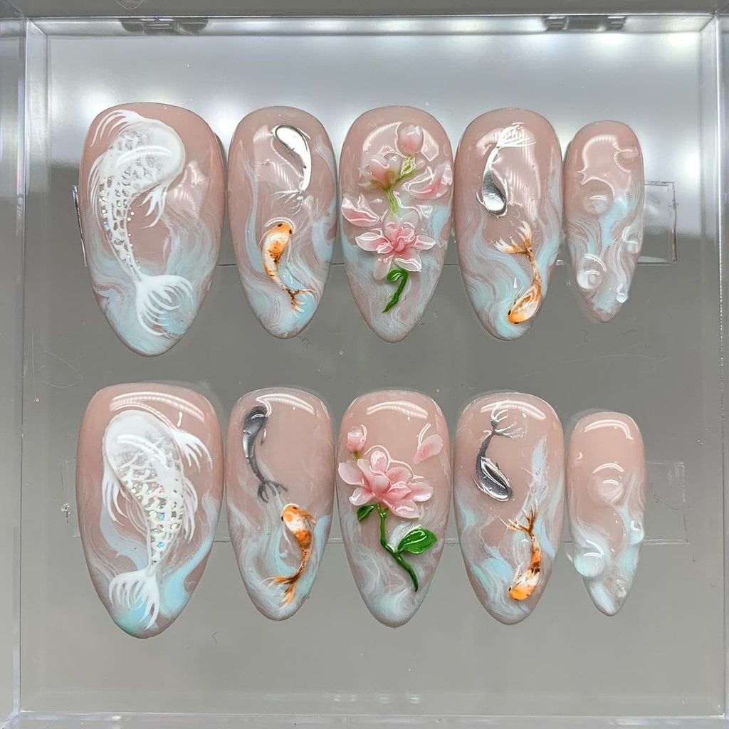 Koi Pond Bliss Press On Nails, Koi Floral Acrylic Nails, Serene Waters Nail Art